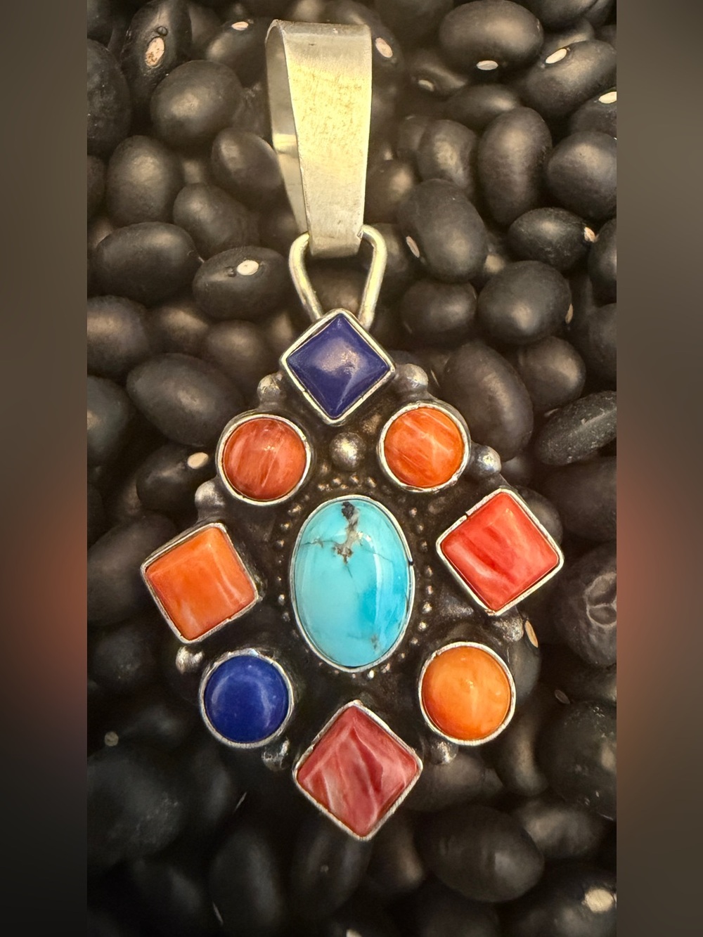 9 stone Native Multi-Stone Pendant Turquoise, Blue Lapis, Orange and Red Spiny
